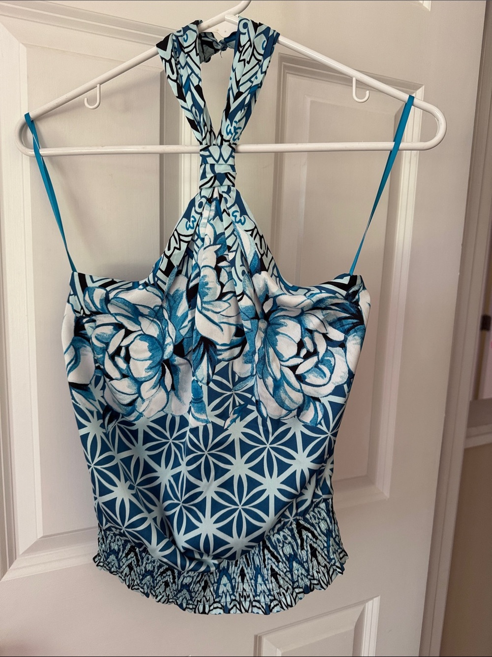 White House Black Market Blue Floral Halter Women's Top